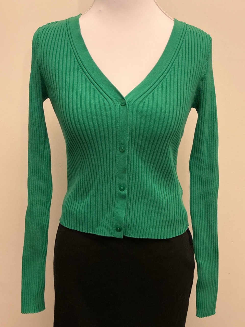 H&M Green Ribbed V-Neck Button-Up Cardigan